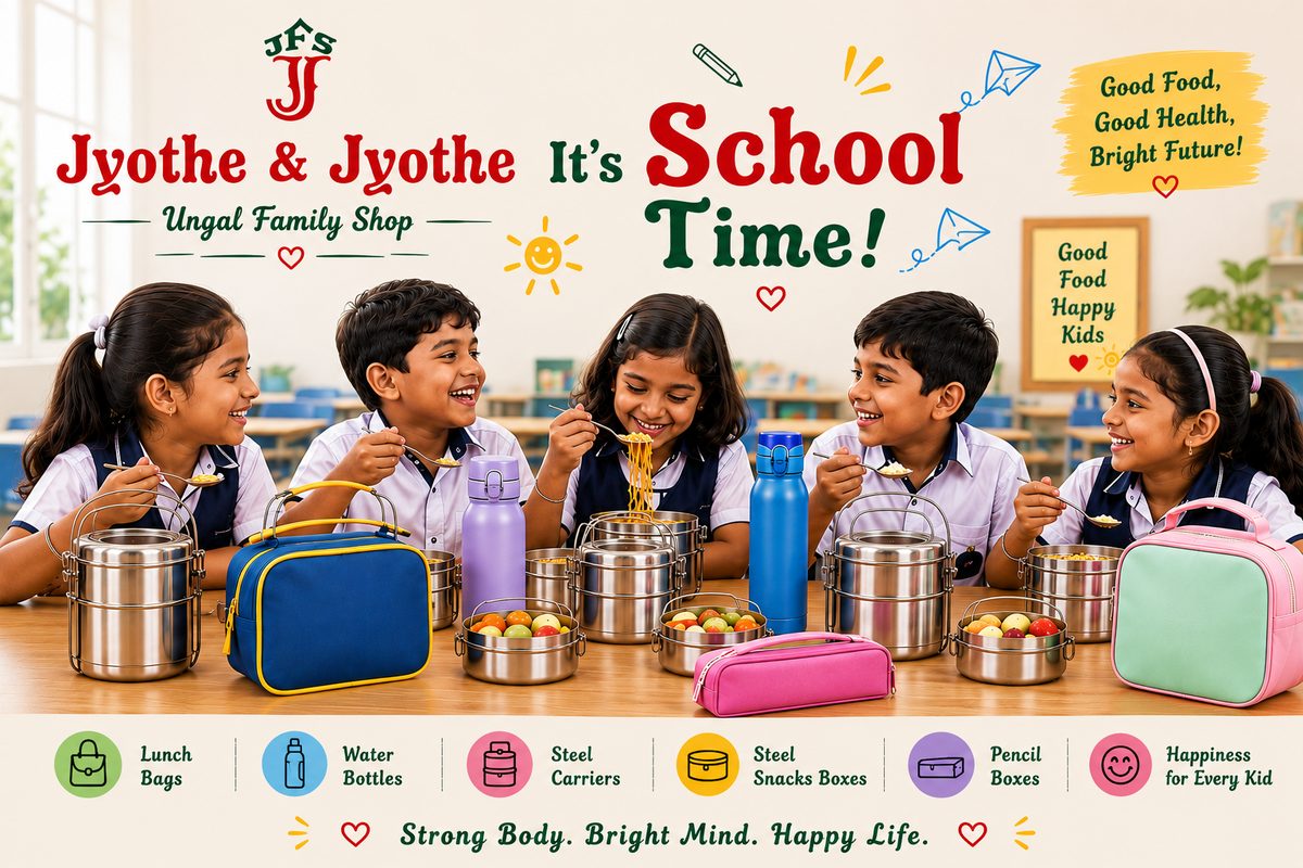 It's School Time — children at their desks with steel tiffin carriers, bottles and lunch bags