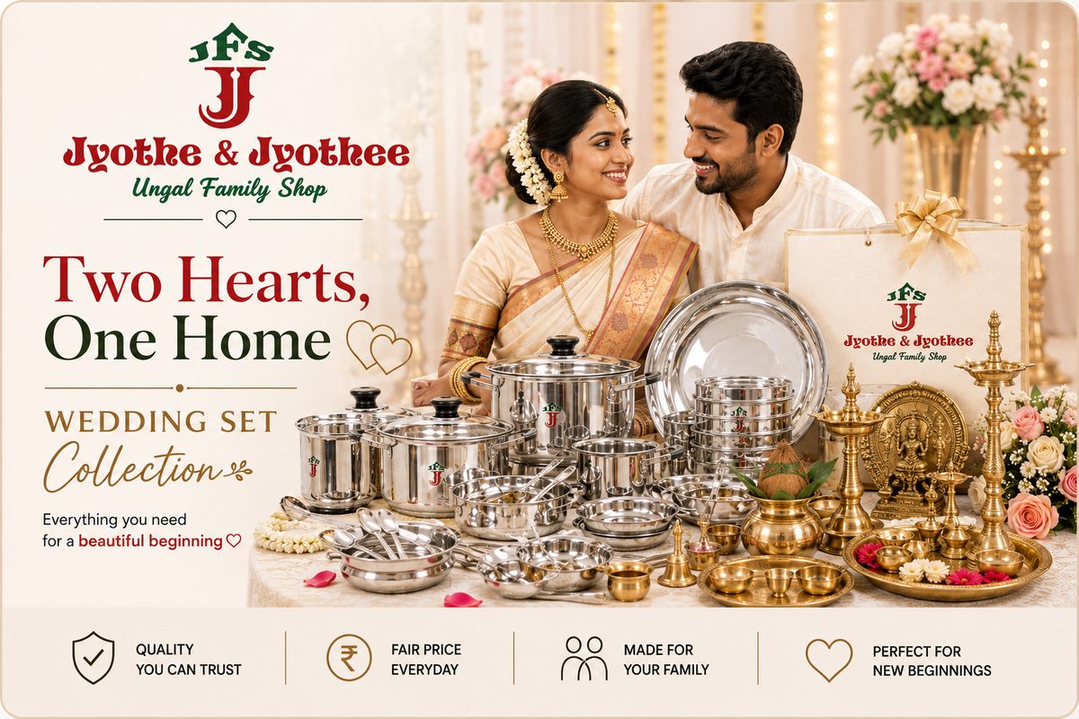 Two Hearts, One Home — a wedding couple with a full seer varisai of steel and brass
